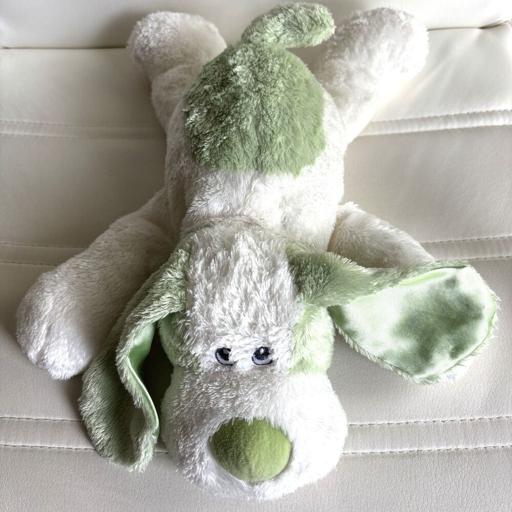 Aurora Baby White/Green Puppy Dog Plush Satin Ears 14" Stuffed Animal Floppy HTF